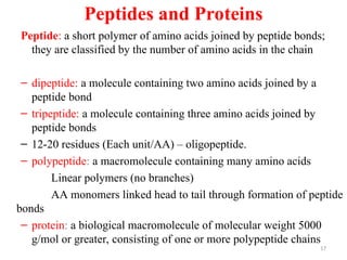 Peptides and Proteins
Peptide: a short polymer of amino acids joined by peptide bonds;
they are classified by the number of amino acids in the chain
– dipeptide: a molecule containing two amino acids joined by a
peptide bond
– tripeptide: a molecule containing three amino acids joined by
peptide bonds
– 12-20 residues (Each unit/AA) – oligopeptide.
– polypeptide: a macromolecule containing many amino acids
Linear polymers (no branches)
AA monomers linked head to tail through formation of peptide
bonds
– protein: a biological macromolecule of molecular weight 5000
g/mol or greater, consisting of one or more polypeptide chains
17
 