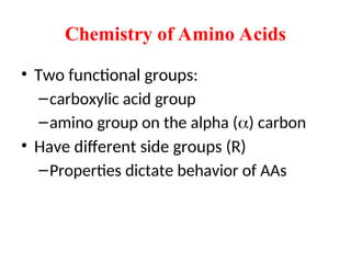 Chemistry of Amino Acids
• Two functional groups:
–carboxylic acid group
–amino group on the alpha () carbon
• Have different side groups (R)
–Properties dictate behavior of AAs
 