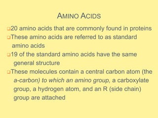 AMINO ACIDS
20 amino acids that are commonly found in proteins
These amino acids are referred to as standard
amino acids
19 of the standard amino acids have the same
general structure
These molecules contain a central carbon atom (the
a-carbon) to which an amino group, a carboxylate
group, a hydrogen atom, and an R (side chain)
group are attached
 