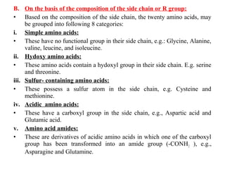 B. On the basis of the composition of the side chain or R group:
• Based on the composition of the side chain, the twenty amino acids, may
be grouped into following 8 categories:
i. Simple amino acids:
• These have no functional group in their side chain, e.g.: Glycine, Alanine,
valine, leucine, and isoleucine.
ii. Hydoxy amino acids:
• These amino acids contain a hydoxyl group in their side chain. E.g. serine
and threonine.
iii. Sulfur- containing amino acids:
• These possess a sulfur atom in the side chain, e.g. Cysteine and
methionine.
iv. Acidic amino acids:
• These have a carboxyl group in the side chain, e.g., Aspartic acid and
Glutamic acid.
v. Amino acid amides:
• These are derivatives of acidic amino acids in which one of the carboxyl
group has been transformed into an amide group (-CONH2 ), e.g.,
Asparagine and Glutamine.
 