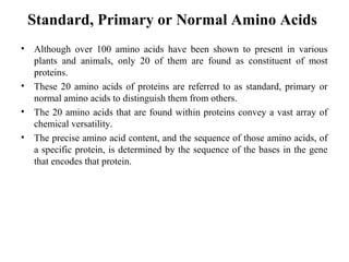 Standard, Primary or Normal Amino Acids
• Although over 100 amino acids have been shown to present in various
plants and animals, only 20 of them are found as constituent of most
proteins.
• These 20 amino acids of proteins are referred to as standard, primary or
normal amino acids to distinguish them from others.
• The 20 amino acids that are found within proteins convey a vast array of
chemical versatility.
• The precise amino acid content, and the sequence of those amino acids, of
a specific protein, is determined by the sequence of the bases in the gene
that encodes that protein.
 