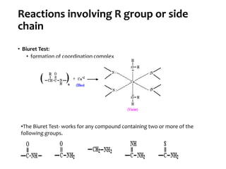 Reactions involving R group or side
chain
• Biuret Test:
• formation of coordination complex
•The Biuret Test- works for any compound containing two or more of the
following groups.
 