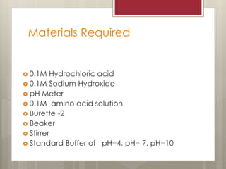 Materials Required
 0.1M Hydrochloric acid
 0.1M Sodium Hydroxide
 pH Meter
 0.1M amino acid solution
 Burette -2
 Beaker
 Stirrer
 Standard Buffer of pH=4, pH= 7, pH=10
 