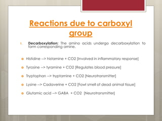 Reactions due to carboxyl
group
1. Decarboxylation: The amino acids undergo decarboxylation to
form corresponding amine.
 Histidine --> histamine + CO2 [Involved in inflammatory response]
 Tyrosine --> tyramine + CO2 [Regulates blood pressure]
 Tryptophan --> tryptamine + CO2 [Neurotransmitter]
 Lysine --> Cadaverine + CO2 [Fowl smell of dead animal tissue]
 Glutamic acid --> GABA + CO2 [Neurotransmitter]
 