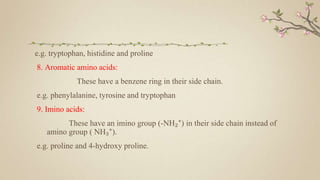 e.g. tryptophan, histidine and proline
8. Aromatic amino acids:
These have a benzene ring in their side chain.
e.g. phenylalanine, tyrosine and tryptophan
9. Imino acids:
These have an imino group (-NH₂⁺) in their side chain instead of
amino group ( NH₃⁺).
e.g. proline and 4-hydroxy proline.
 