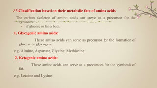 ↗5.Classification based on their metabolic fate of amino acids
The carbon skeleton of amino acids can sreve as a precursor for the
synthesis
- of glucose or fat or both.
1. Glycogenic amino acids:
These amino acids can serve as precursor for the formation of
glucose or glycogen.
e.g. Alanine, Aspartate, Glycine, Methionine.
2. Ketogenic amino acids:
These amino acids can serve as a precursors for the synthesis of
fat.
e.g. Leucine and Lysine
 