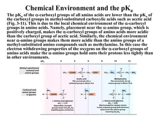 Chemical Environment and the pKa
The pKa of the -carboxyl groups of all amino acids are lower than the pKa of
the carboxyl groups in methyl-substituted carboxylic acids such as acetic acid
(Fig. 3-11). This is due to the local chemical environment of the -carboxyl
groups in amino acids. Namely, placement near the -amino group, which is
positively charged, makes the -carboxyl groups of amino acids more acidic
than the carboxyl group of acetic acid. Similarly, the chemical environment
near -amino groups makes them more acidic than the amino groups of a
methyl-substituted amino compounds such as methylamine. In this case the
electron withdrawing properties of the oxygens on the -carboxyl groups of
amino acids make the -amino groups hold onto their protons less tightly than
in other environments.
 