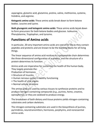 asparagine, glutamic acid, glutamine, proline, valine, methionine, cysteine,
histidine, and arginine.
Ketogenic amino acids: These amino acids break down to form ketone
bodies. Leucine and Lysine.
Both glucogenic and ketogenic amino acids: These amino acids break down
to form precursors for both ketone bodies and glucose. Isoleucine,
Phenylalanine, Tryptophan, and tyrosine.
Functions of Amino acids
In particular, 20 very important amino acids are crucial for life as they contain
peptides and proteins and are known to be the building blocks for all living
things.
The linear sequence of amino acid residues in a polypeptide chain determines
the three-dimensional configuration of a protein, and the structure of a
protein determines its function.
Amino acids are imperative for sustaining the health of the human body.
They largely promote the:
Production of hormones
• Structure of muscles
• Human nervous system’s healthy functioning
• The health of vital organs
• Normal cellular structure
The amino acids are used by various tissues to synthesize proteins and to
produce nitrogen-containing compounds (e.g., purines, heme, creatine,
epinephrine), or they are oxidized to produce energy.
The breakdown of both dietary and tissue proteins yields nitrogen-containing
substrates and carbon skeletons.
The nitrogen-containing substrates are used in the biosynthesis of purines,
pyrimidines, neurotransmitters, hormones, porphyrins, and nonessential
amino acids.
 