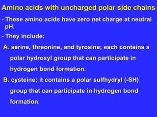 Amino acids with uncharged polar side chains
- These amino acids have zero net charge at neutral
pH.
- They include:
A. serine, threonine, and tyrosine; each contains a
polar hydroxyl group that can participate in
hydrogen bond formation.
B. cysteine; it contains a polar sulfhydryl (-SH)
group that can participate in hydrogen bond
formation.
 
