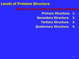 39
Levels of Proteins Structure
There are four levels of protein structure
1.
Primary Structure.
2.
Secondary Structure.
3.
Tertiary Structure.
4.
Quaternary Structure.
 
