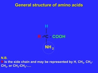 H

R -αC - COOH

NH 2
General structure of amino acids
N.B.
R is the side chain and may be represented by H, CH3, CH3-
CH2, or CH3-CH2-….
 