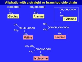 H-CH-COOH
I
NH2
Glycine
Aliphatic with a straight or branched side chain
CH3-CH-COOH
I
NH2
Alanine
CH-CH-COOH
I
NH2
Valine
CH3
CH3
CH-CH2-CH-COOH
I
NH2
Leucine
CH3
CH3
CH-CH-COOH
I
NH2
Isoleucine
CH3-CH2
CH3
CH2-CH2-COOH
I
NH2
-Alanine
 
