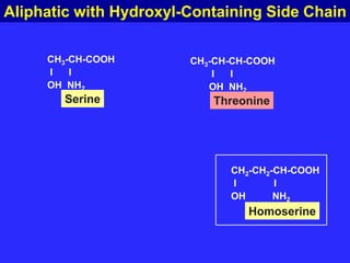 Aliphatic with Hydroxyl-Containing Side Chain
CH3-CH-COOH
I I
OH NH2
Serine
CH3-CH-CH-COOH
I I
OH NH2
Threonine
CH2-CH2-CH-COOH
I I
OH NH2
Homoserine
 