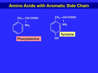 Phenylalanine
CH2 CH-COOH
I
NH2
Tyrosine
CH2 CH-COOH
I
NH2
I
OH
Amino Acids with Aromatic Side Chain
 