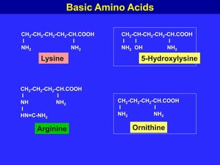CH2-CH2-CH2-CH2-CH.COOH
I I
NH2 NH2
Lysine
CH2-CH2-CH2-CH.COOH
I I
NH NH2
I
HN=C-NH2
Arginine
CH2-CH-CH2-CH2-CH.COOH
I I I
NH2 OH NH2
5-Hydroxylysine
CH2-CH2-CH2-CH.COOH
I I
NH2 NH2
Ornithine
Basic Amino Acids
 