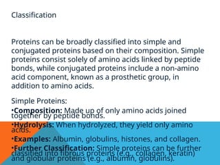 Classification
Proteins can be broadly classified into simple and
conjugated proteins based on their composition. Simple
proteins consist solely of amino acids linked by peptide
bonds, while conjugated proteins include a non-amino
acid component, known as a prosthetic group, in
addition to amino acids.
Simple Proteins:
•Composition: Made up of only amino acids joined
together by peptide bonds.
•Hydrolysis: When hydrolyzed, they yield only amino
acids.
•Examples: Albumin, globulins, histones, and collagen.
•Further Classification: Simple proteins can be further
classified into fibrous proteins (e.g., collagen, keratin)
and globular proteins (e.g., albumin, globulins).
 