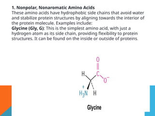1. Nonpolar, Nonaromatic Amino Acids
These amino acids have hydrophobic side chains that avoid water
and stabilize protein structures by aligning towards the interior of
the protein molecule. Examples include:
Glycine (Gly, G): This is the simplest amino acid, with just a
hydrogen atom as its side chain, providing flexibility to protein
structures. It can be found on the inside or outside of proteins.
 
