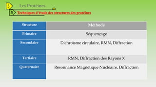 3
5 Techniques d’étude des structures des protéines
Structure Méthode
Primaire Séquençage
Secondaire Dichroïsme circulaire, RMN, Diffraction
Tertiaire RMN, Diffraction des Rayons X
Quaternaire Résonnance Magnétique Nucléaire, Diffraction
 