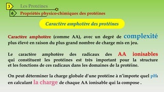 3
6 Propriétés physico-chimiques des protéines
Caractère amphotère des protéines
Caractère amphotère (comme AA), avec un degré de complexité
plus élevé en raison du plus grand nombre de charge mis en jeu.
Le caractère amphotère des radicaux des AA ionisables
qui constituent les protéines est très important pour la structure
et les fonctions de ces radicaux dans les domaines de la protéine.
On peut déterminer la charge globale d’une protéine à n’importe quel pHt
en calculant la charge de chaque AA ionisable qui la compose .
 
