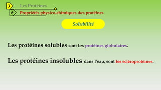 3
6 Propriétés physico-chimiques des protéines
Solubilité
Les protéines solubles sont les protéines globulaires.
Les protéines insolubles dans l’eau, sont les scléroprotéines.
 