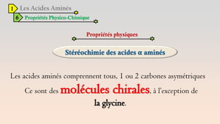 1
6 Propriétés Physico-Chimique
Propriétés physiques
Les acides aminés comprennent tous, 1 ou 2 carbones asymétriques
Ce sont des molécules chirales, à l’exception de
la glycine.
 