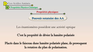 1
6 Propriétés Physico-Chimique
Propriétés physiques
Les énantiomères possèdent une activité optique
C’est la propriété de dévier la lumière polarisée
Placés dans le faisceau dune lumière polarisée plane, ils provoquent
la rotation du plan de polarisation.
 