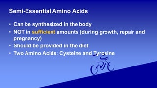 • Can be synthesized in the body
• NOT in sufficient amounts (during growth, repair and
pregnancy)
• Should be provided in the diet
• Two Amino Acids: Cysteine and Tyrosine
Semi-Essential Amino Acids
 