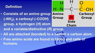 Definition
• Consists of an amino group
(-NH2), a carboxyl (-COOH)
group, a hydrogen (H) atom
and a variable/distinctive (R) group.
• All are attached (bonded) to a central α carbon atom.
• Free amino acids are found in blood and cells of
humans.
 