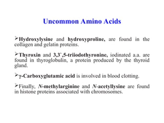 Uncommon Amino Acids
Hydroxylysine and hydroxyproline, are found in the
collagen and gelatin proteins.
Thyroxin and 3,3`,5-triiodothyronine, iodinated a.a. are
found in thyroglobulin, a protein produced by the thyroid
gland.
γ-Carboxyglutamic acid is involved in blood clotting.
Finally, N-methylarginine and N-acetyllysine are found
in histone proteins associated with chromosomes.
 