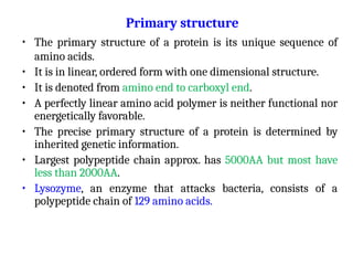 • The primary structure of a protein is its unique sequence of
amino acids.
• It is in linear, ordered form with one dimensional structure.
• It is denoted from amino end to carboxyl end.
• A perfectly linear amino acid polymer is neither functional nor
energetically favorable.
• The precise primary structure of a protein is determined by
inherited genetic information.
• Largest polypeptide chain approx. has 5000AA but most have
less than 2000AA.
• Lysozyme, an enzyme that attacks bacteria, consists of a
polypeptide chain of 129 amino acids.
Primary structure
 