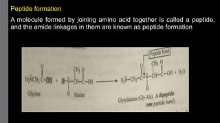 Peptide formation
A molecule formed by joining amino acid together is called a peptide,
and the amide linkages in them are known as peptide formation
 
