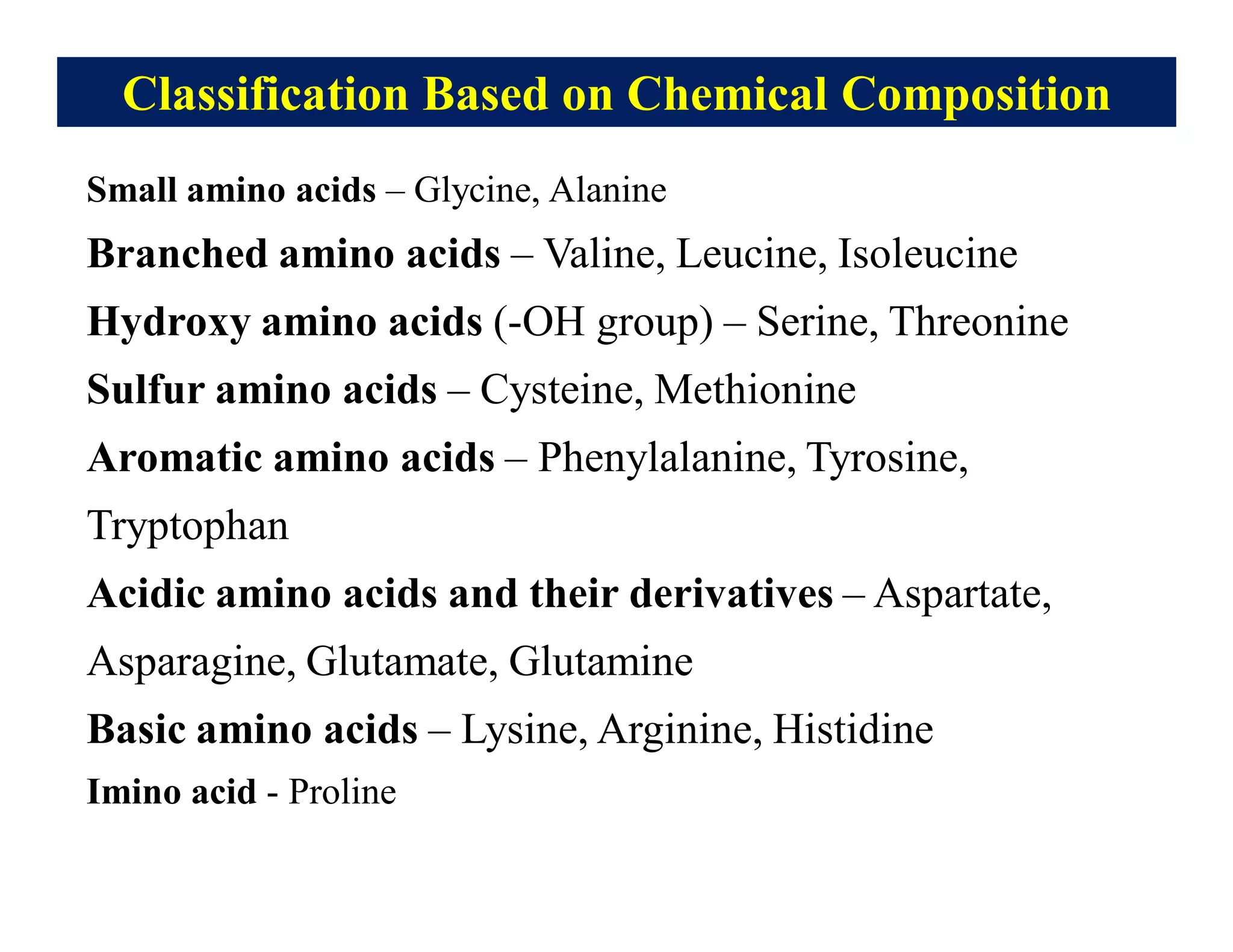 Classification Based on Chemical Composition
Small amino acids – Glycine, Alanine
Branched amino acids – Valine, Leucine, Isoleucine
Hydroxy amino acids (-OH group) – Serine, Threonine
Sulfur amino acids – Cysteine, Methionine
Aromatic amino acids – Phenylalanine, Tyrosine,
Tryptophan
Acidic amino acids and their derivatives – Aspartate,
Asparagine, Glutamate, Glutamine
Basic amino acids – Lysine, Arginine, Histidine
Imino acid - Proline
 