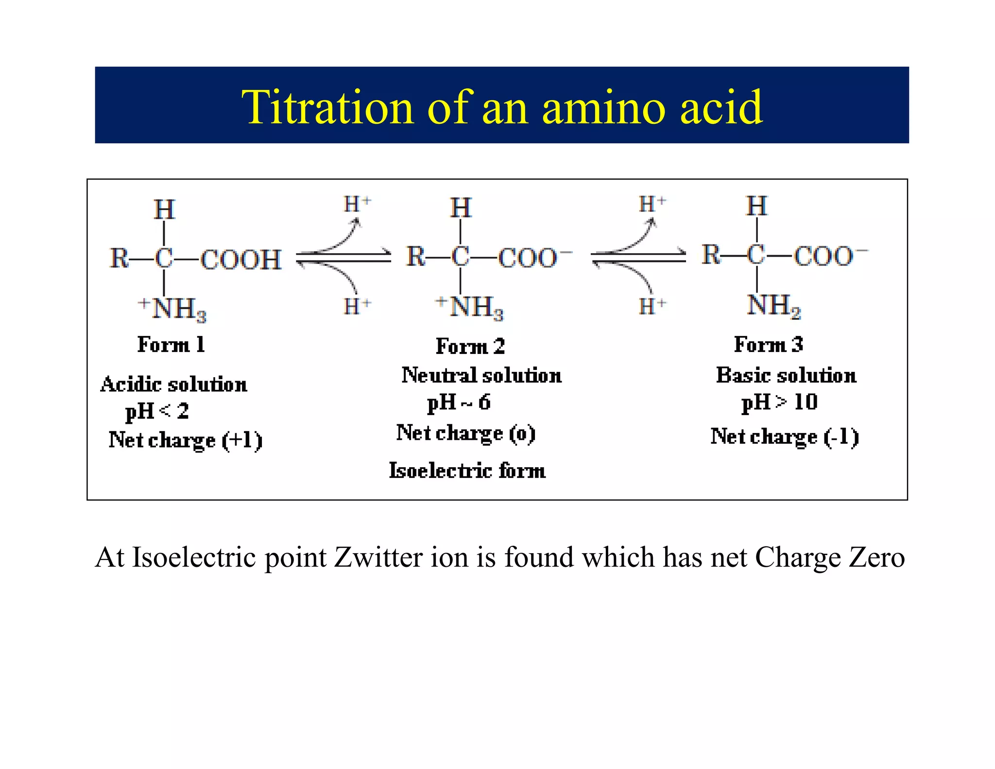 Titration of an amino acid
At Isoelectric point Zwitter ion is found which has net Charge Zero
 