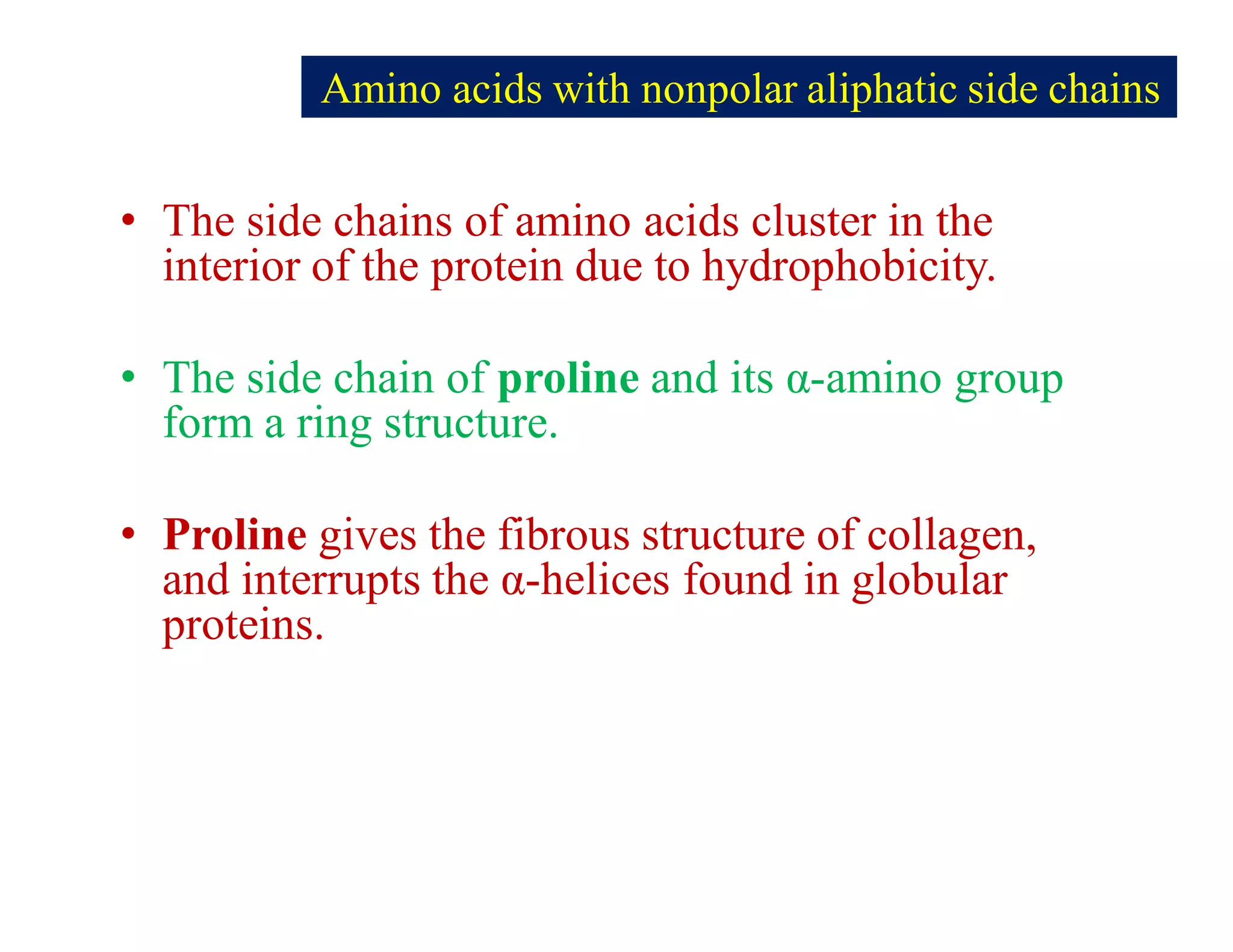 Amino acids with nonpolar aliphatic side chains
• The side chains of amino acids cluster in the
interior of the protein due to hydrophobicity.
• The side chain of proline and its α-amino group
form a ring structure.
• Proline gives the fibrous structure of collagen,
and interrupts the α-helices found in globular
proteins.
 