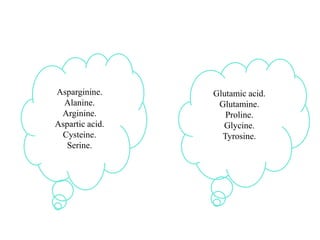 Asparginine.
Alanine.
Arginine.
Aspartic acid.
Cysteine.
Serine.
Glutamic acid.
Glutamine.
Proline.
Glycine.
Tyrosine.
 