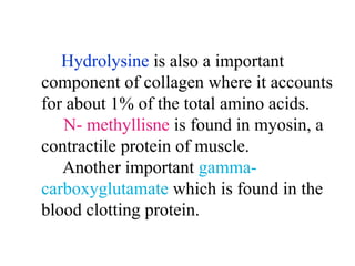 Hydrolysine is also a important
component of collagen where it accounts
for about 1% of the total amino acids.
N- methyllisne is found in myosin, a
contractile protein of muscle.
Another important gamma-
carboxyglutamate which is found in the
blood clotting protein.
 