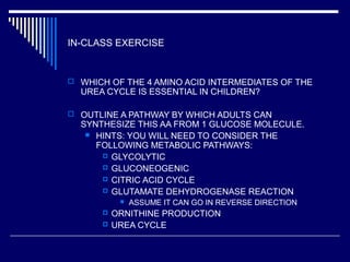 IN-CLASS EXERCISE
 WHICH OF THE 4 AMINO ACID INTERMEDIATES OF THE
UREA CYCLE IS ESSENTIAL IN CHILDREN?
 OUTLINE A PATHWAY BY WHICH ADULTS CAN
SYNTHESIZE THIS AA FROM 1 GLUCOSE MOLECULE.
 HINTS: YOU WILL NEED TO CONSIDER THE
FOLLOWING METABOLIC PATHWAYS:
 GLYCOLYTIC
 GLUCONEOGENIC
 CITRIC ACID CYCLE
 GLUTAMATE DEHYDROGENASE REACTION
 ASSUME IT CAN GO IN REVERSE DIRECTION
 ORNITHINE PRODUCTION
 UREA CYCLE
 