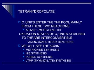 TETRAHYDROFOLATE
 C1 UNITS ENTER THE THF POOL MAINLY
FROM THESE TWO REACTIONS
 AS N5
,N10
–METHYLENE-THF
OXIDATION STATES OF C1 UNITS ATTACHED
TO THF ARE INTERCONVERTIBLE
VIA ENZYMATIC REDOX REACTIONS
 WE WILL SEE THF AGAIN
 METHIONINE SYNTHESIS
 HIS SYNTHESIS
 PURINE SYNTHESIS
 dTMP (THYMIDYLATE) SYNTHESIS
 