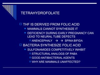 TETRAHYDROFOLATE
 THF IS DERIVED FROM FOLIC ACID
 MAMMALS CANNOT SYNTHESIZE IT
 DEFICIENCY DURING EARLY PREGNANCY CAN
LEAD TO NEURAL TUBE DEFECTS
 ANENCEPHALY   SPINA BIFIDA
 BACTERIA SYNTHESIZE FOLIC ACID
 SULFONAMIDES COMPETITIVELY INHIBIT
 STRUCTURAL ANALOGS OF PABA
 GOOD ANTIBACTERIAL AGENTS
 WHY ARE MAMMALS UNAFFECTED?
 
