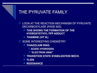 THE PYRUVATE FAMILY
 LOOK AT THE REACTION MECHANISM OF PYRUVATE
DECARBOXYLASE (PAGE 605)
 THIS SHOWS THE FORMATION OF THE
HYDROXYETHYL-TPP ADDUCT
 THIAMINE (VIT B1)
 SOME INTERESTING CHEMISTRY
 THIAZOLIUM RING
 ACIDIC HYDROGEN
 “ELECTRON SINK”
 TRANSITION STATE STABILIZATION MECH.
 YLIDS
 RESONANCE
 