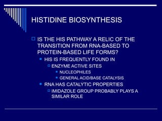 HISTIDINE BIOSYNTHESIS
 IS THE HIS PATHWAY A RELIC OF THE
TRANSITION FROM RNA-BASED TO
PROTEIN-BASED LIFE FORMS?
 HIS IS FREQUENTLY FOUND IN
 ENZYME ACTIVE SITES
 NUCLEOPHILES
 GENERAL ACID/BASE CATALYSIS
 RNA HAS CATALYTIC PROPERTIES
 IMIDAZOLE GROUP PROBABLY PLAYS A
SIMILAR ROLE
 
