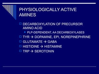 PHYSIOLOGICALLY ACTIVE
AMINES
 DECARBOXYLATION OF PRECURSOR
AMINO ACID
 PLP-DEPENDENT, AA DECARBOXYLASES
 TYR  DOPAMINE, EPI, NOREPINEPHRINE
 GLUTAMATE  GABA
 HISTIDINE  HISTAMINE
 TRP  SEROTONIN
 