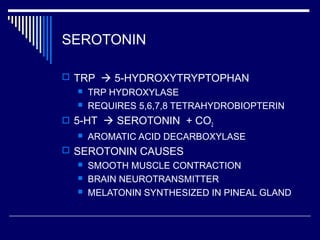 SEROTONIN
 TRP  5-HYDROXYTRYPTOPHAN
 TRP HYDROXYLASE
 REQUIRES 5,6,7,8 TETRAHYDROBIOPTERIN
 5-HT  SEROTONIN + CO2
 AROMATIC ACID DECARBOXYLASE
 SEROTONIN CAUSES
 SMOOTH MUSCLE CONTRACTION
 BRAIN NEUROTRANSMITTER
 MELATONIN SYNTHESIZED IN PINEAL GLAND
 