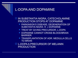 L-DOPA AND DOPAMINE
 IN SUBSTANTIA NIGRA, CATECHOLAMINE
PRODUCTION STOPS AT DOPAMINE
 PARKINSON’S DISEASE: DEGENERATION OF
SUBSTANTIA NIGRA  ↓ DOPAMINE
 TREAT BY GIVING PRECURSOR, L-DOPA
 DOPAMINE CANNOT CROSS BLOOD/BRAIN
BARRIER
 TRANSPLANTATION OF ADR. MEDULLA CELLS
TO BRAIN
 L-DOPA A PRECURSOR OF MELANIN
PRODUCTION
 
