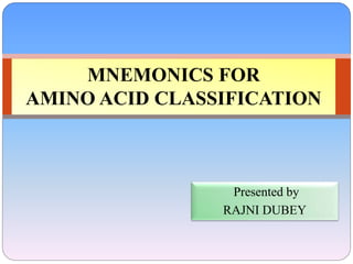 Presented by
RAJNI DUBEY
MNEMONICS FOR
AMINO ACID CLASSIFICATION
 
