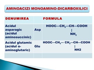 DENUMIREA              FORMULA

Acidul                  HOOC—CH2—CH—COOH
asparagic        Asp              |
(acidul                           NH2
aminosuccinic)
Acidul glutamic     HOOC—CH2— CH2—CH—COOH
(acidul α-      Glu                |
aminoglutaric)                     NH2
 