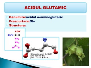    Denumire:acidul α-aminoglutaric
   Prescurtare:Glu
   Structura:
 