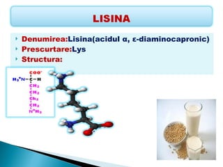    Denumirea:Lisina(acidul α, ε-diaminocapronic)
   Prescurtare:Lys
   Structura:
 