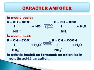 În mediu bazic:
R – CH – COO-               R – CH – COO-
     I        + HO-             l       + H2O
   NH3+                         NH2
În mediu acid:
R – CH – COO-             R – CH – COOH
     I         + H3O+        l       + H2 O
   NH3+                     NH3+
În soluţie bazică se formează un anion,iar în
  soluţie acidă un cation.
 