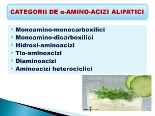    Monoamino-monocarboxilici
   Monoamino-dicarboxilici
   Hidroxi-aminoacizi
   Tio-aminoacizi
   Diaminoacizi
   Aminoacizi heterociclici
 